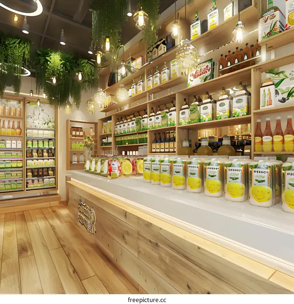 Modern Wooden Shelves with Green Plants and Bottles