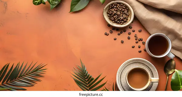 Flat Lay Coffee Beans with Coffee Cup and Green Leaves