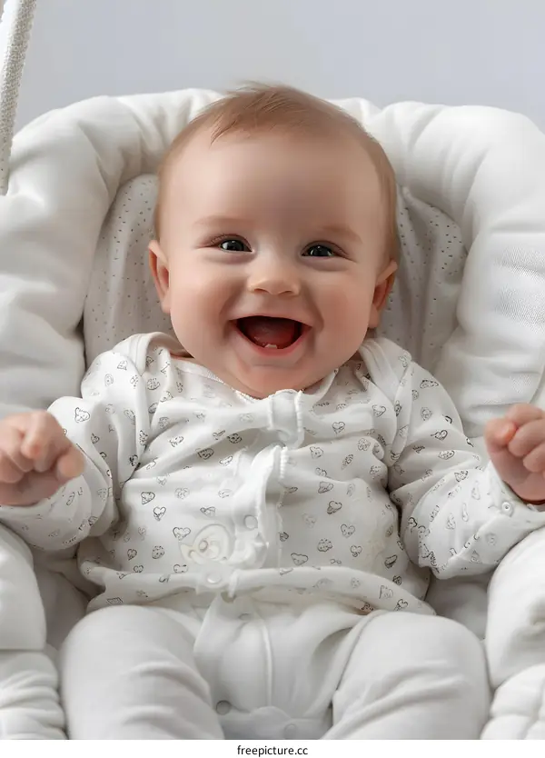 Happy Smiling Baby Sitting in a White Rocking Chair