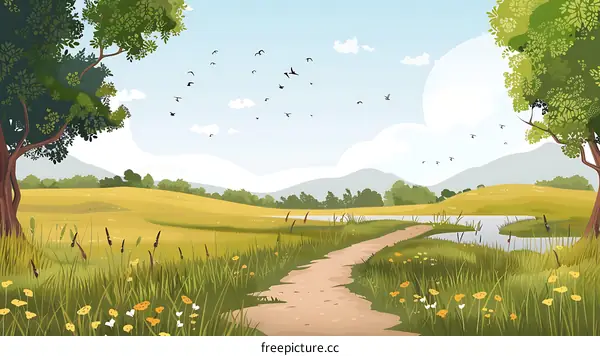 Spring Landscape with Path, Trees and Birds