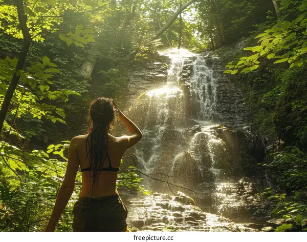 Woman in a bathing suit standing in front of a waterfall