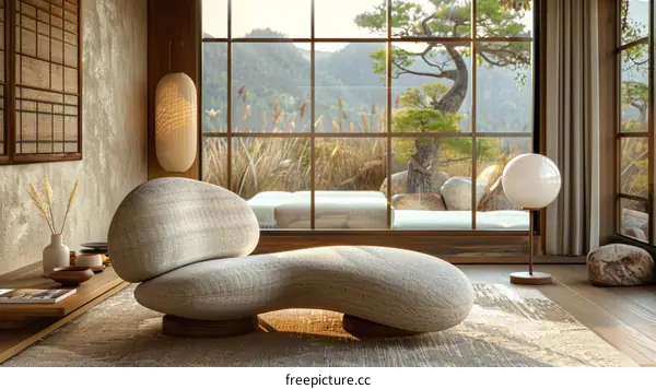 A modern living room with a large window looking out onto a mountain landscape
