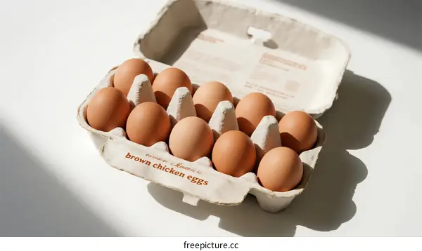 A Dozen Fresh Brown Chicken Eggs in Cardboard Carton