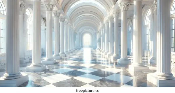 Elegant White Columned Hallway of a Palace