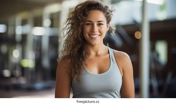 Portrait of a young woman with curly hair smiling in a fitness studio