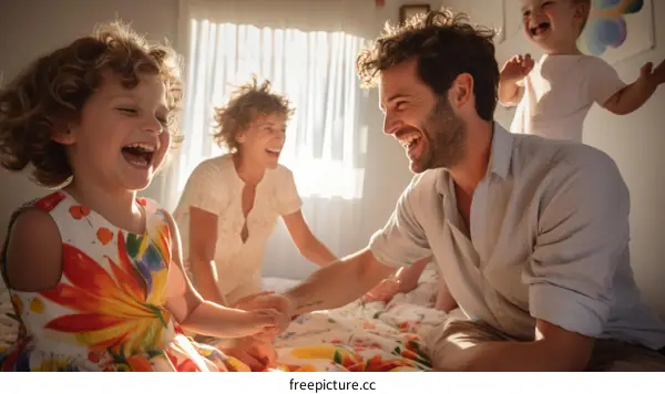 Family of four having fun in bed