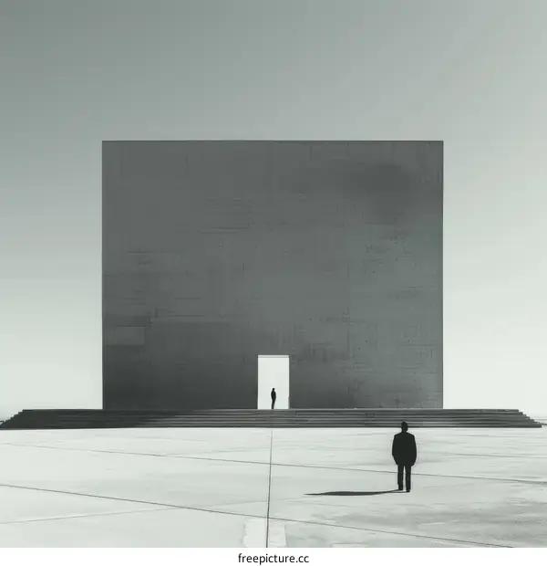 Two men standing in front of a large concrete wall with a door