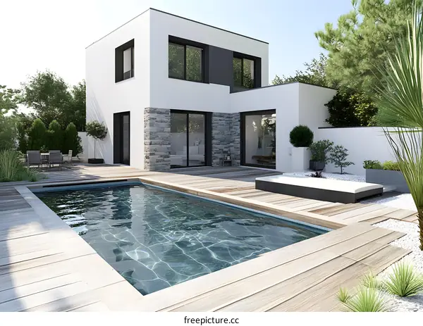 Modern House with Swimming Pool and Wooden Deck