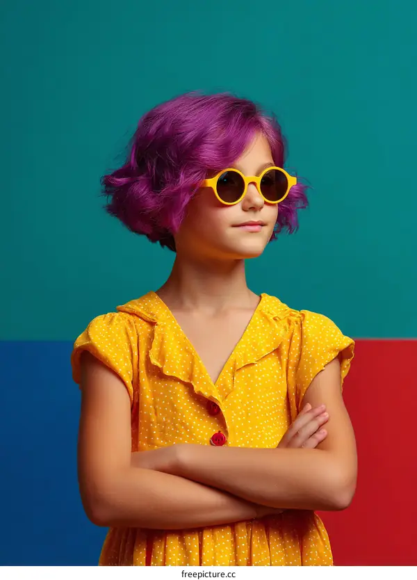 Stylish Girl in Yellow Polka Dot Dress with Purple Hair and Sunglasses