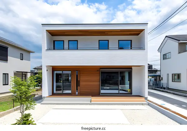 Modern Two Story White House with Wooden Balcony and Patio