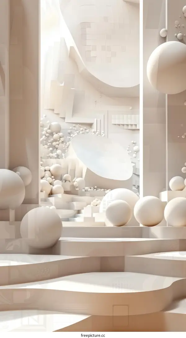 Surreal Floating Spheres in a Minimalist Interior