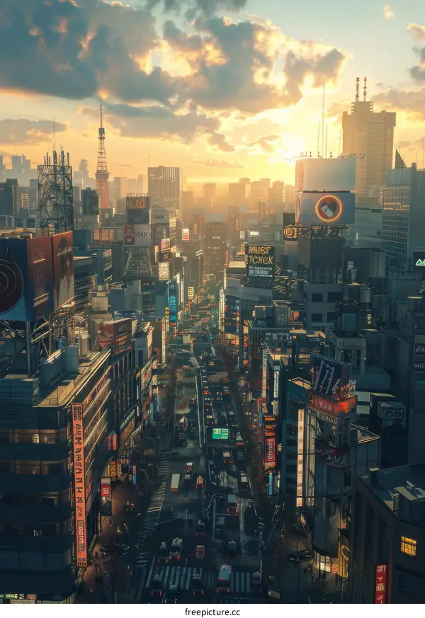 Sunrise cityscape of a futuristic metropolis