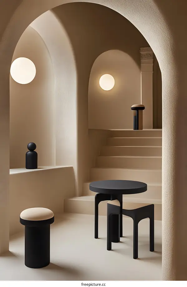 Modern Minimalist Interior Design with Archways and Black and Beige Furniture