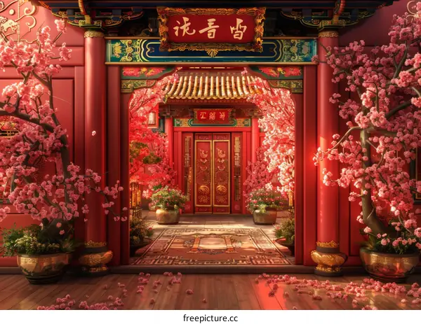 A Vivid Chinese Palace Courtyard with Blooming Cherry Blossoms