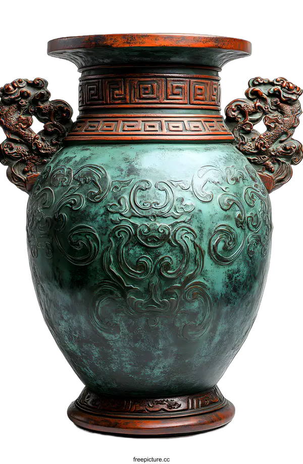 [Transparent Background PNG]Antique Chinese Green And Brown Dragon Decorated Vase