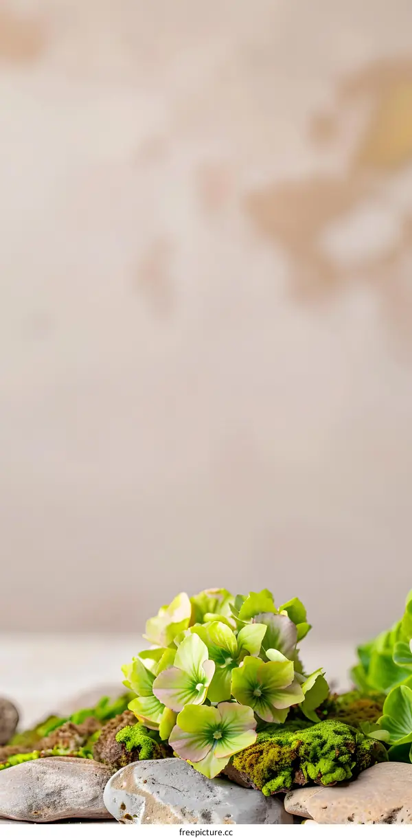 Green Hydrangea Flowers On Rocks With Moss