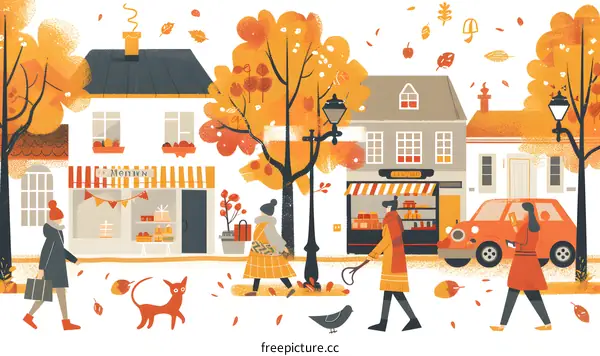 Autumn Street Scene with People Walking and Falling Leaves