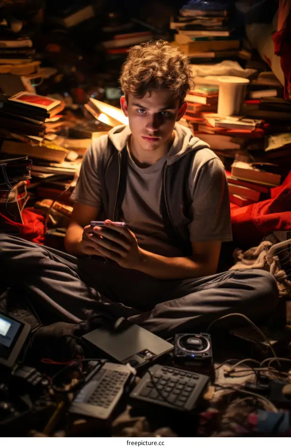 Young male hoarder surrounded by clutter and electronic devices