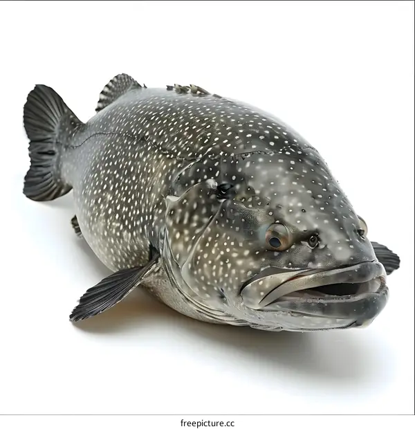 A large fish with black spots on its body is isolated on a white background
