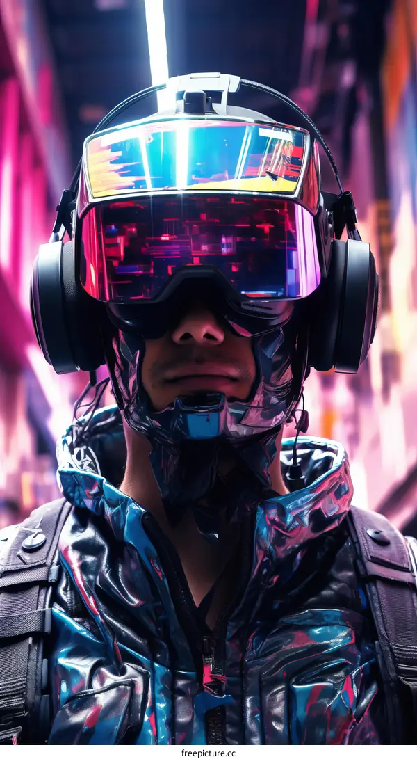 Cyberpunk Cityscape: Person with Futuristic Helmet and Headphones