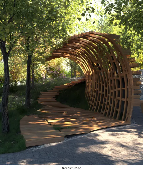 Wooden Archway Structure In Green Garden