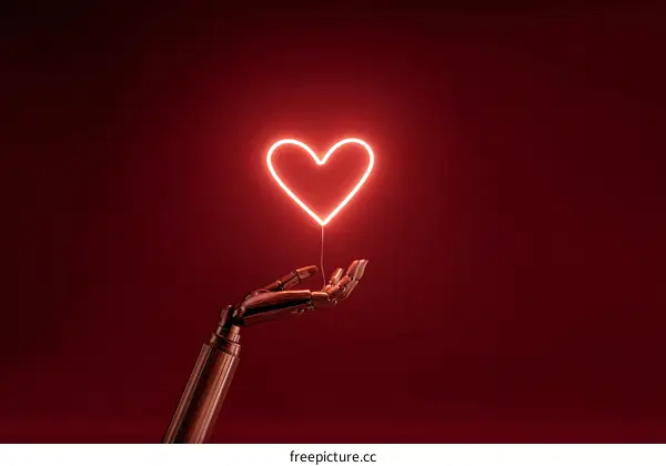 Robotic Hand Holding Neon Heart