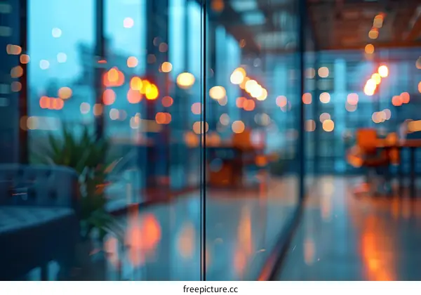 Blurred view of an office space with glass walls and reflections of lights
