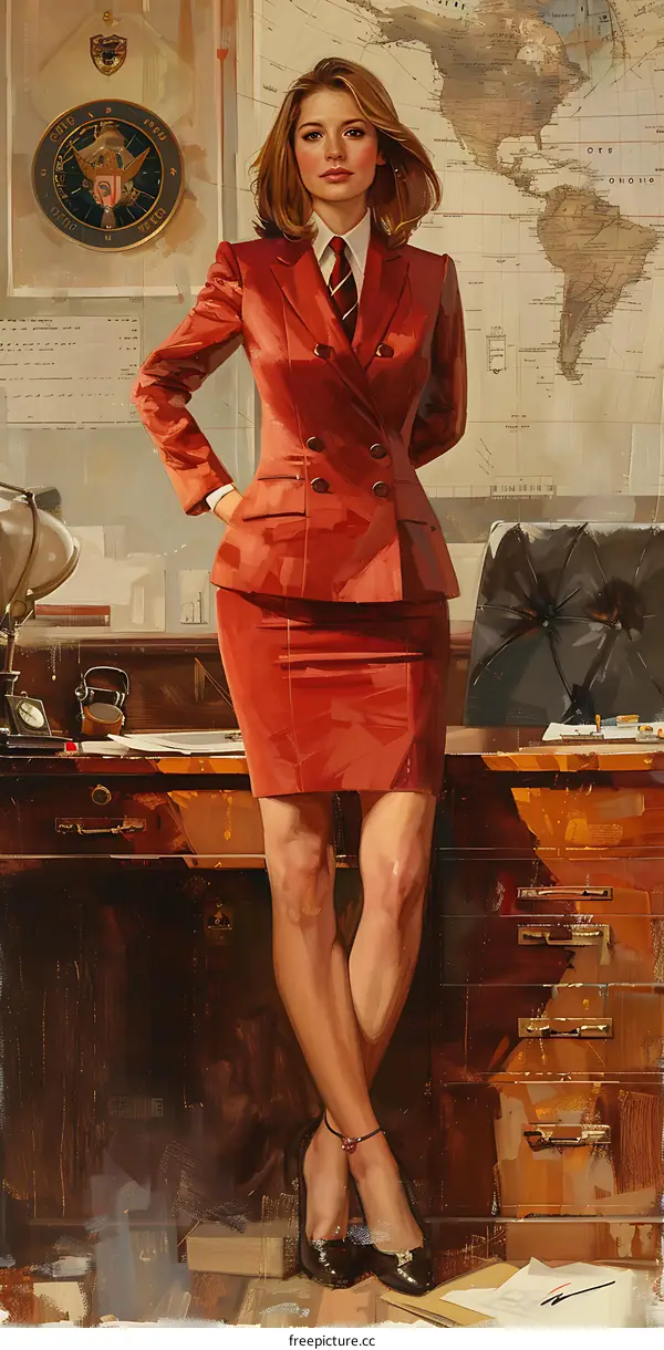 Confident businesswoman standing in front of world map