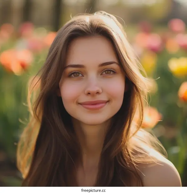 Portrait of a young brunette smiling in a field of tulips