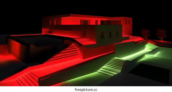 Modern Building with Red and Green Lighting