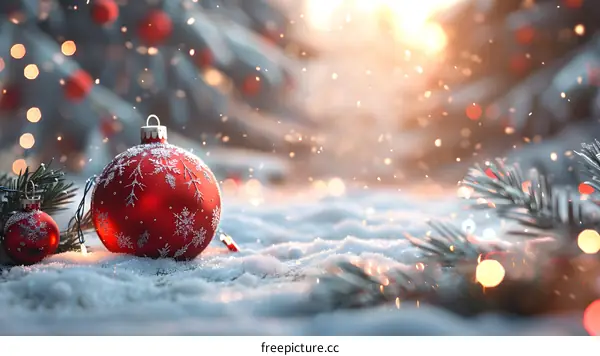 Red Christmas ball and snowy ground