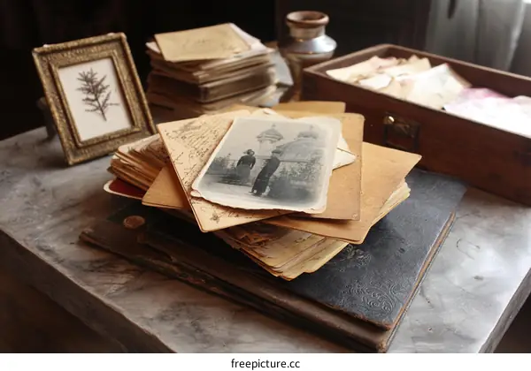 Vintage Photographs and Letters Stacked on a Table