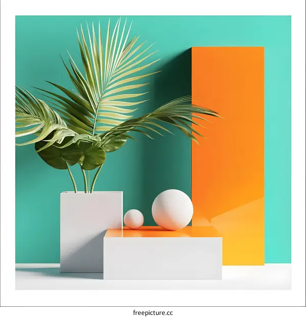 Minimalist Composition with Green Plants and Orange and Teal Background