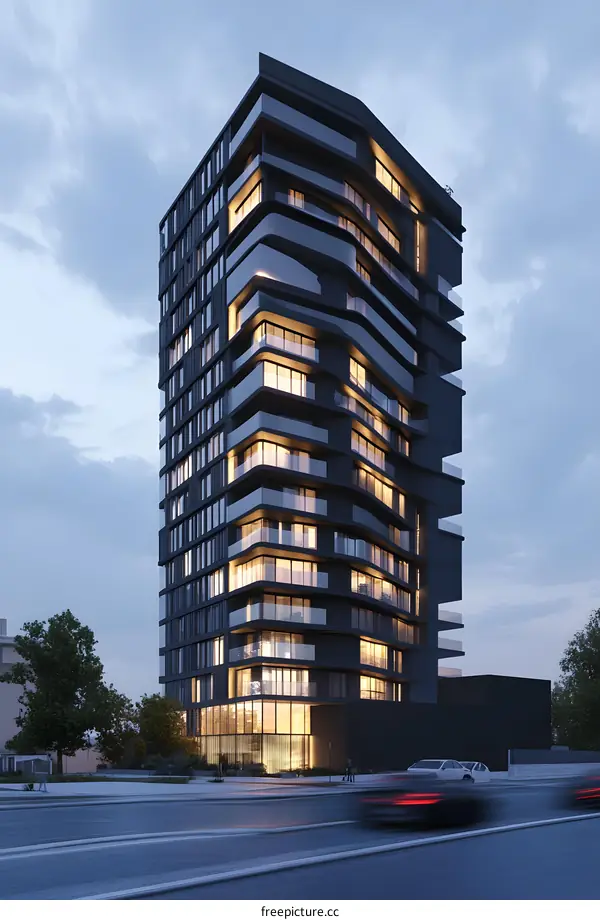 Modern Architecture Building Design With Glass Windows At Night