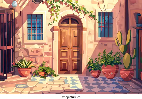 Old Stone Building with Wooden Door and Plants