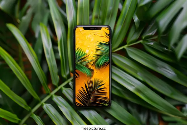 Black Smartphone on Green Palm Leaves Background