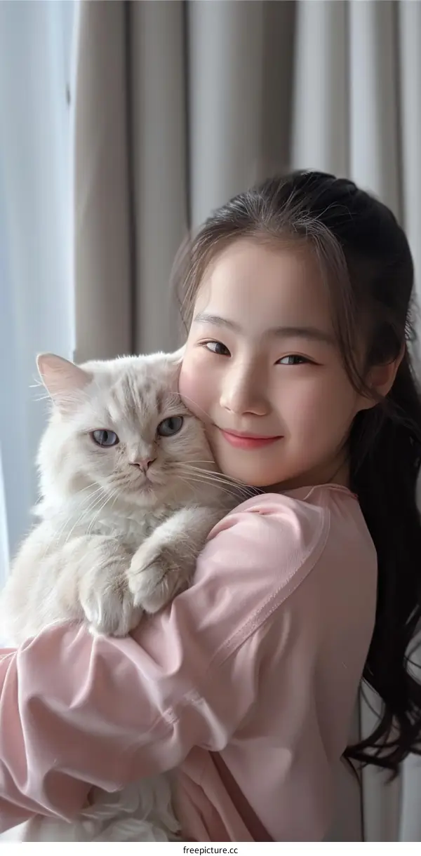 A cute Asian girl hugging a white cat