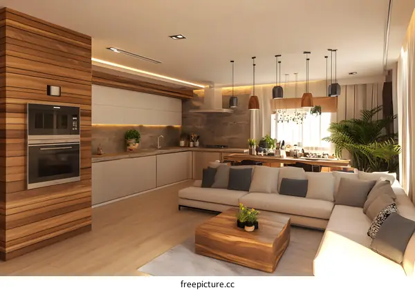 Modern Kitchen and Living Room Interior Design With Wooden Accents