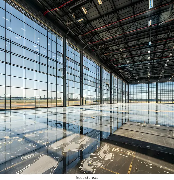 Empty Hangar with Large Windows and View of Airport