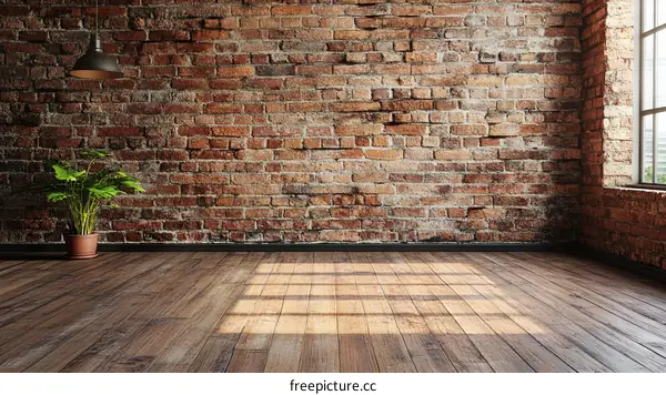 Empty Room with Brick Wall and Wooden Floor