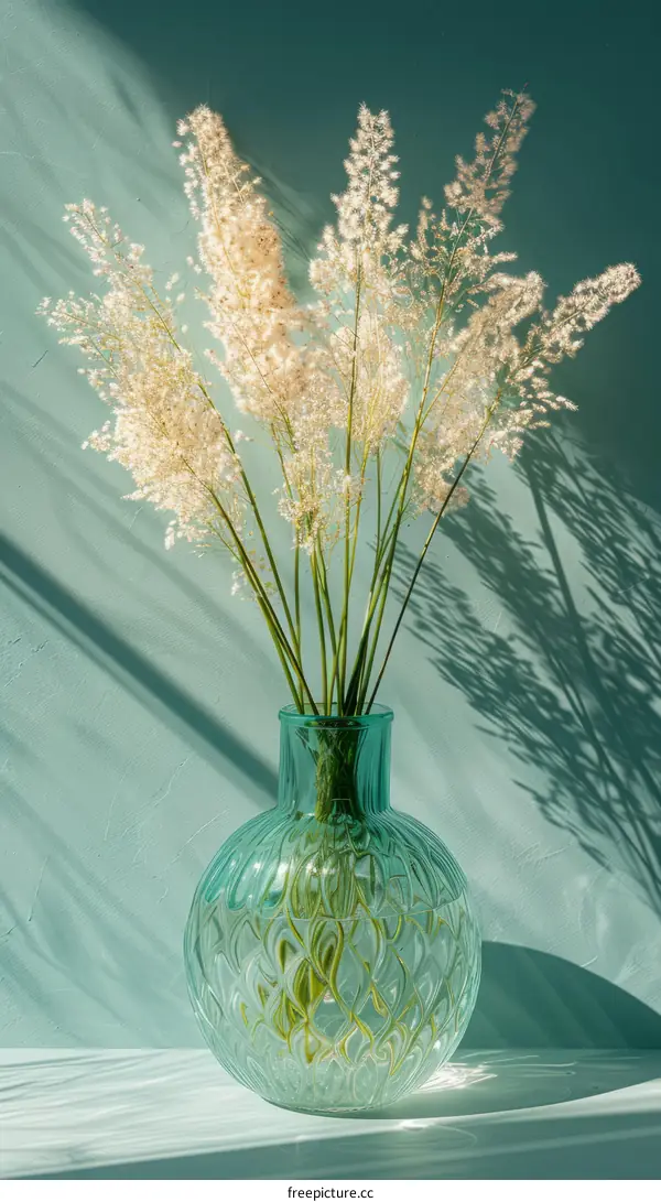 Minimalistic interior design with a blue vase and white fluffy flowers
