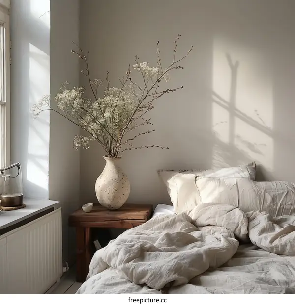 A beautiful bedroom with a vase of flowers on the nightstand