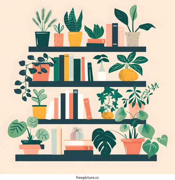 Colorful Illustration of Plant Shelf With Books