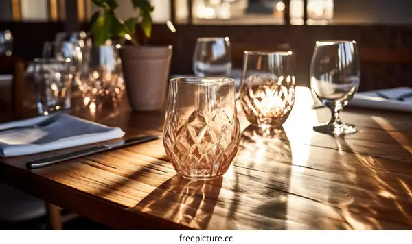 Elegant restaurant table setting with wine glasses and sunlight