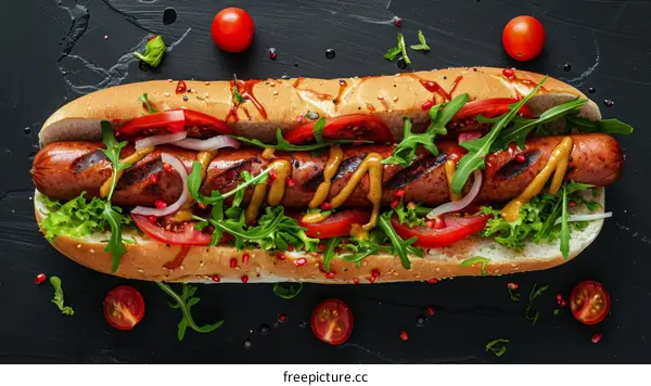 Hotdog with mustard, ketchup, tomatoes, onions and lettuce
