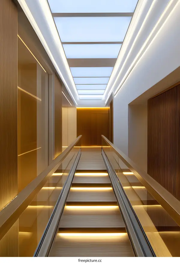 Modern Interior Design with Wooden Stairs and Glass Railings