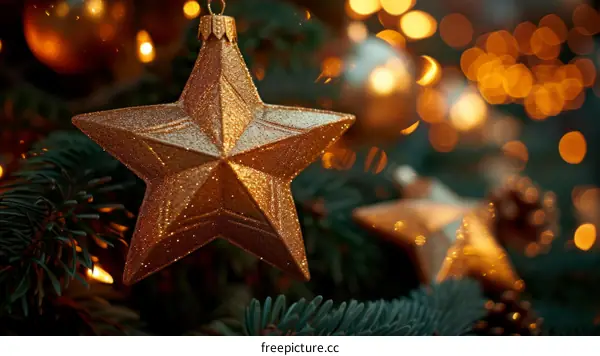 Glittering Golden Christmas Star Ornament Adorns Christmas Tree