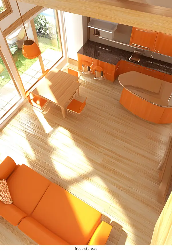 Modern Orange Interior Design with Wooden Floor and Sunlight