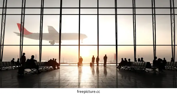 Airport Departure Lounge at Sunrise with Airplane