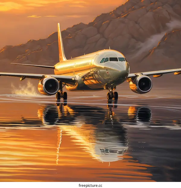 A plane landing on water during sunset.